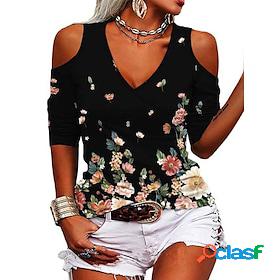 Women's T shirt Tee Black White Blue Cut Out Cold Shoulder