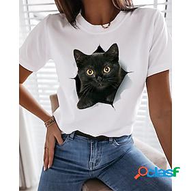 Women's T shirt Tee Black White Print Cat 3D Casual Weekend