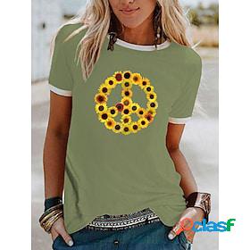 Women's T shirt Tee Black White Yellow Print Sunflower Peace