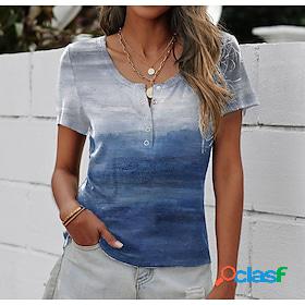 Womens T shirt Tee Blue Button Print Tie Dye Casual Weekend