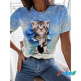 Women's T shirt Tee Blue Cat Home Casual Short Sleeve Round