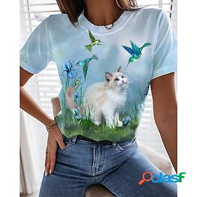 Women's T shirt Tee Blue Green Light Blue Print Graphic Cat