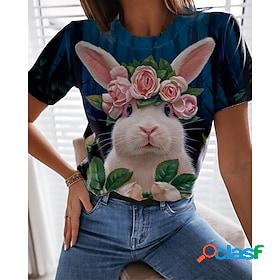 Women's T shirt Tee Blue Print Animal Rabbit Casual Holiday