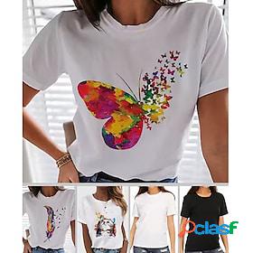Women's T shirt Tee Butterfly Black White Print Rainbow