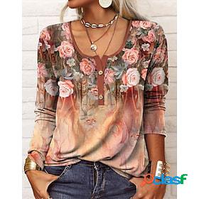 Women's T shirt Tee Pink Navy Blue Blue Button Print Floral