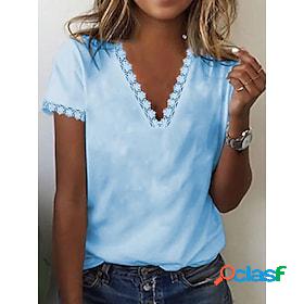 Women's T shirt Tee White Yellow Blue Lace Lace Trims Plain