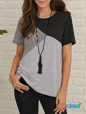 Womens casual striped print hit color short-sleeved T-shirt