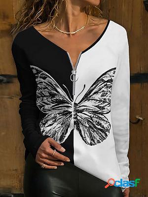 Zipper Casual Loose Butterfly Print Long Sleeve T-shirt