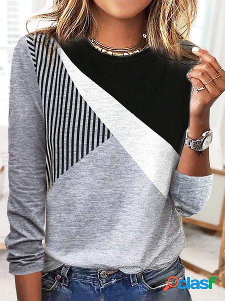 a Righe Patchwork Contrasto Stampato Casuale Manica lunga