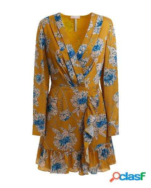 Abito corto giallo a fantasia floreale in satin con incrocio