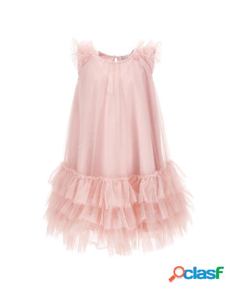 Abito in tulle rosa antico con gonna a balze e rouches sulle