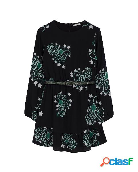 Abito nero con stampa grafica scritta only verde all over