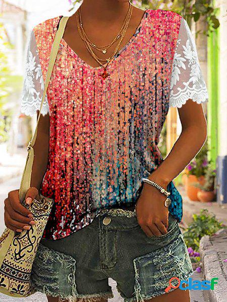 Astratto Stampato Patchwork Pizzo Casuale Jersey Camicetta