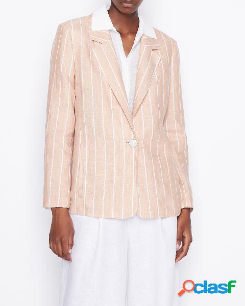 Blazer a un bottone in lino color sabbia con motivo a righe