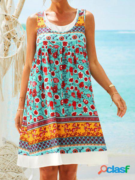 Bohemian Girocollo Vacanza Stampato Floreale senza maniche