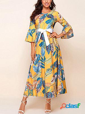 Bohemian Print Round Neck Bell Sleeve Maxi Dresses