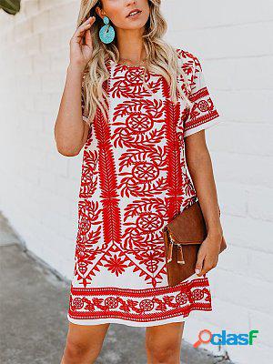 Bohemian Round Neck Short Sleeve Printed Colour Dress