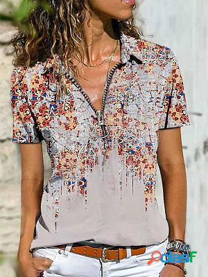 Bohemian West Ethnic Zipper Short Sleeve T-shirt