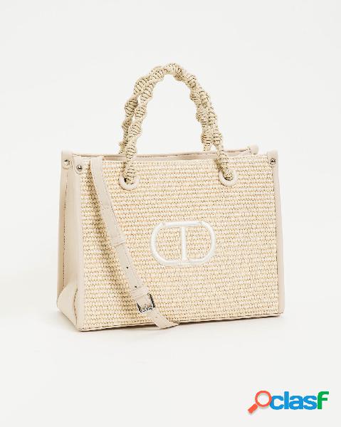 Borsa a mano in raffia beige con manici torchon e logo