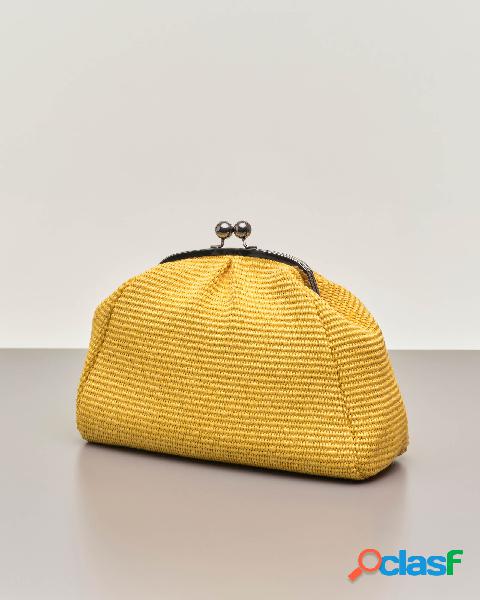 Borsa grande gialla in raffia con chiusura a clip in metallo