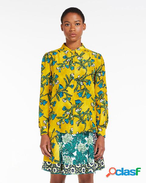 Camicia gialla a fantasia garofani bluette e bianchi in pura