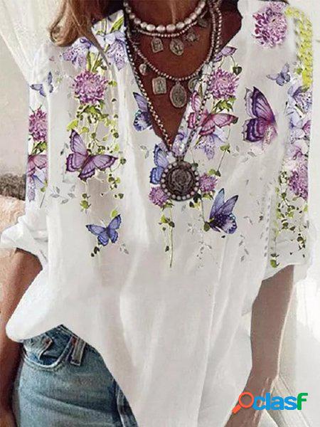 Camicie & Top Casuale Scollo a V Stampato Misto Cotone