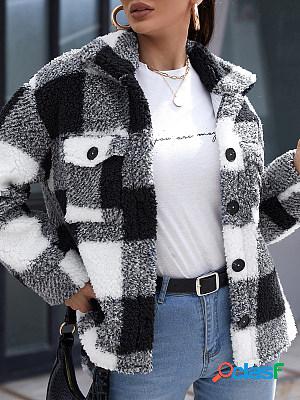 Casual Check Lapel Collar Plush Thermal Coat