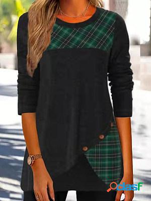 Casual Check Panel Crew Neck Long Sleeve T-Shirt