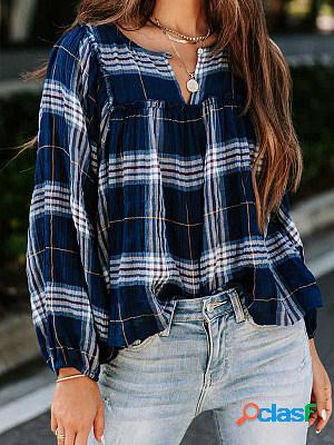 Casual Check Print Long Sleeve V-Neck Blouse