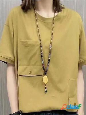 Casual Fashion Loose Solid Color Pocket Round Neck Short