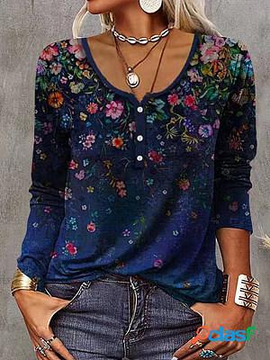 Casual Floral Print Round Neck Long Sleeve T-Shirt