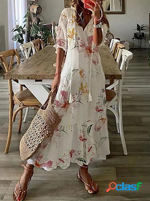 Casual Floral Print V-Neck Short Sleeve Maxi Dress
