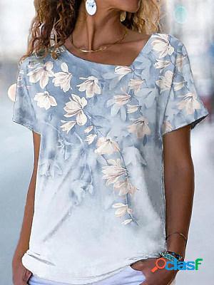 Casual Floral Print V-Neck Short Sleeve T-Shirt