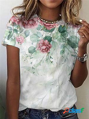 Casual Flower Print Round Neck Short-sleeved T-shirt