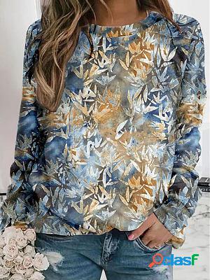 Casual Leaf Print Round Neck Long Sleeve Loose Sweatshirt