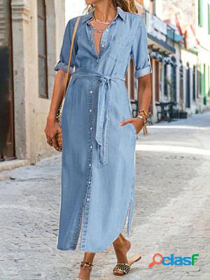 Casual Loose Denim Stitching Shirt Long-sleeved Maxi Dress