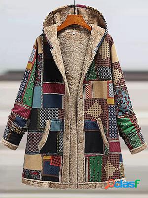 Casual Loose Plaid Panel Lambswool Hooded Coat