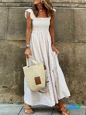 Casual Loose Plaid Strap Elastic Resort Sleeveless Maxi