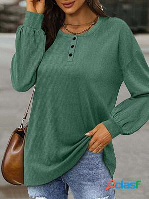 Casual Loose Solid Color Button Crew Neck Long Sleeve