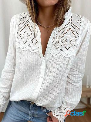 Casual Loose Solid Color Hollow Lace Long Sleeve Blouse