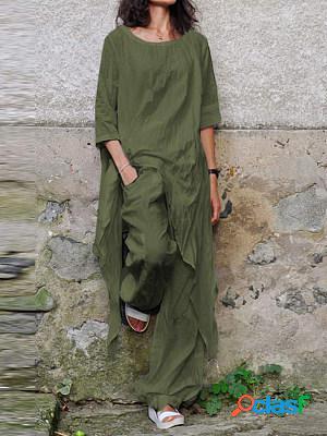 Casual Loose Top With Irregular Hem Round Collar 3/4 Sleeve