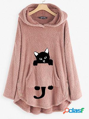 Casual Loose Warm Cat Print Hooded Plush Coat