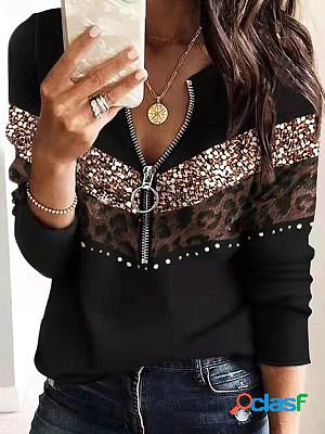 Casual Patchwork Print Zip Long Sleeve T-Shirt