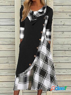 Casual Plaid Panel Button Pocket Long Sleeve Midi Dress