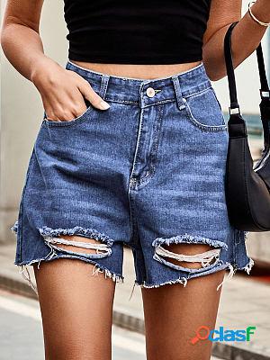 Casual Ripped Raw Denim Shorts