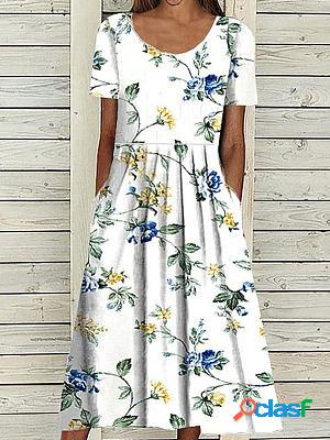 Casual Round Neck Pocket Short Sleeve Printed Shift Dresses
