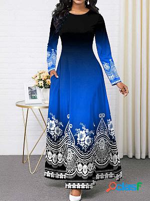 Casual Round Neck Vintage Print Long Sleeve Maxi Dress