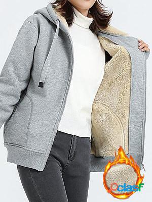Casual Solid Color Plush Warm Hooded Long Sleeve Coat