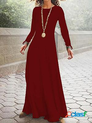 Casual Solid Color Round Neck Long Sleeve Maxi Dress
