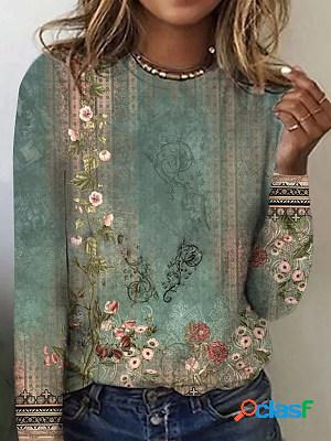 Casual Vintage Floral Print Round Neck Long Sleeve T-Shirt